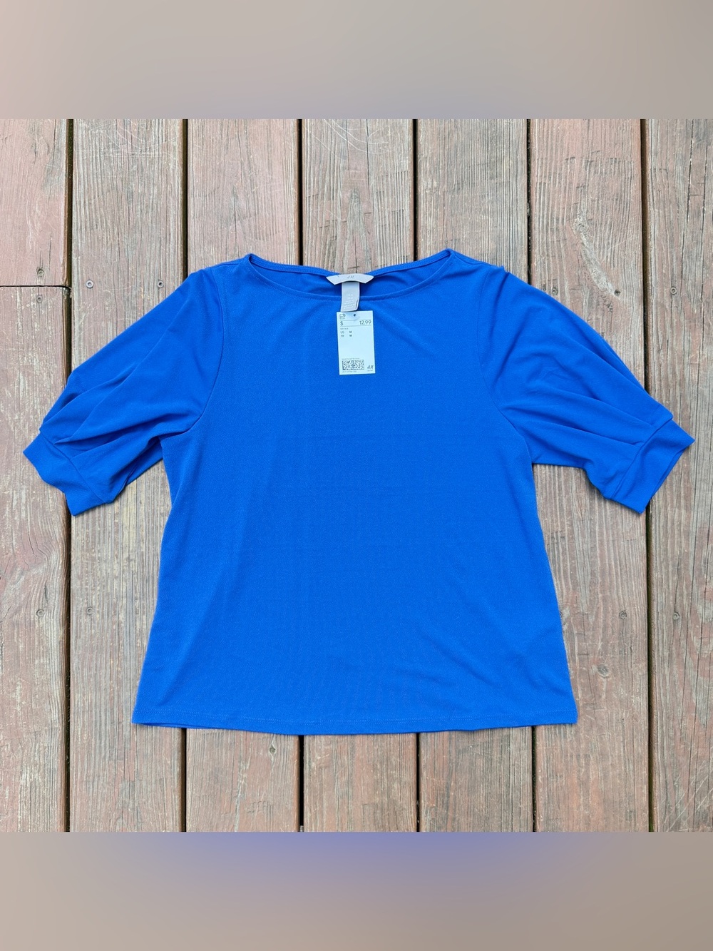 H&M Women’s Medium Blue Puff Sleeve Blouse Stretch Short Sleeve New Tags